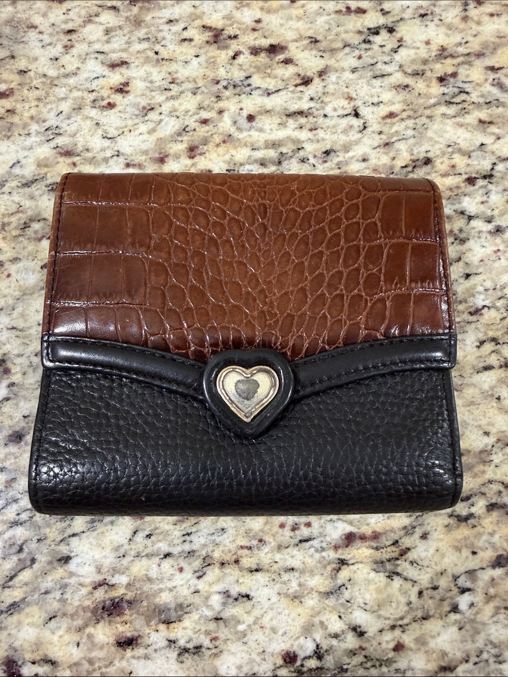 Brighton Leather Organizer Wallet Brown Croc Embossed Black Pebbled Heart Wallet - Picture 1 of 10